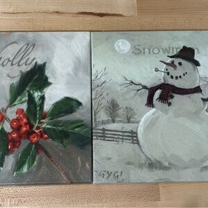 Festive Holiday Canvas Set with Holly and Snowman